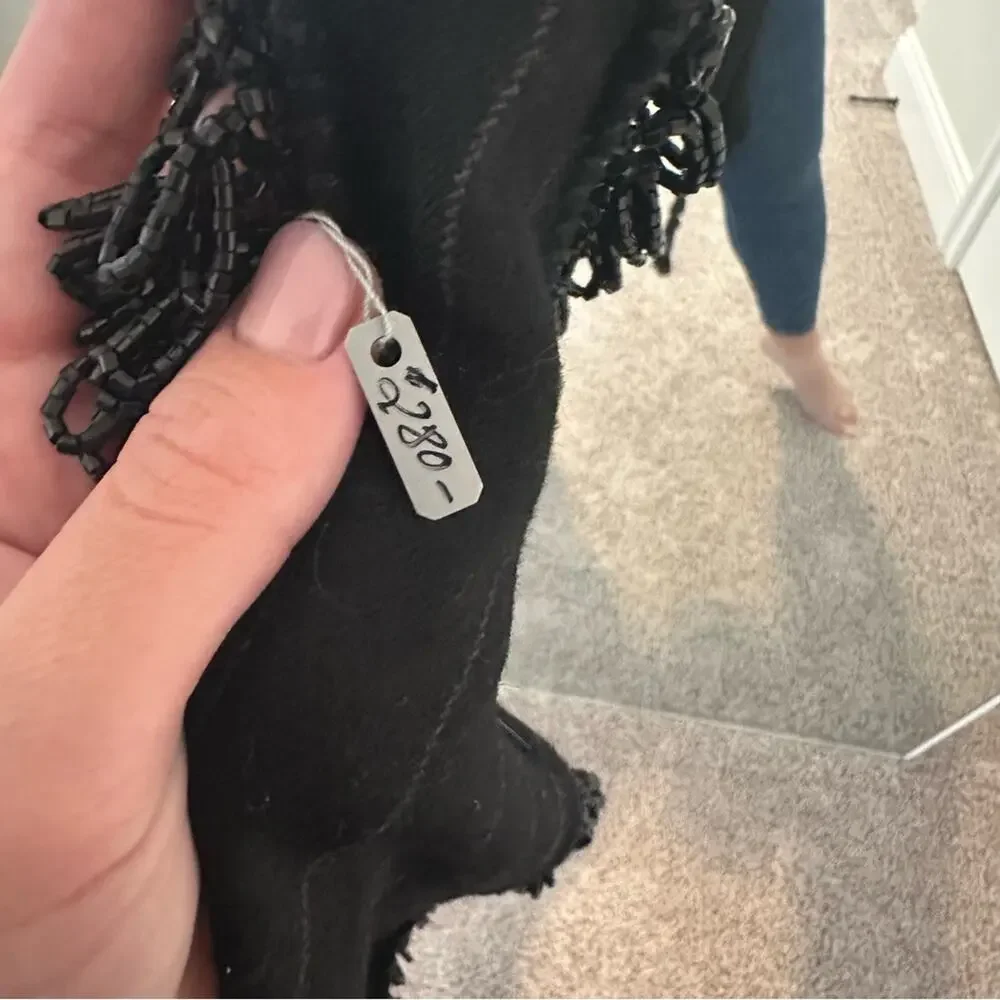 Beaded Black Wool Striped Fringe Shawl Scarf